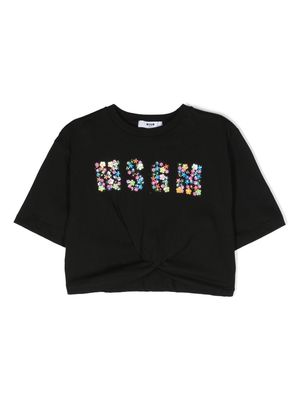 MSGM Kids floral-logo cropped T-shirt - Black