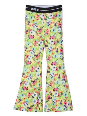 MSGM Kids floral logo-waistband flared leggings - Green