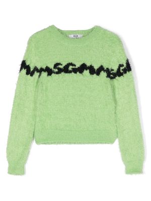 MSGM Kids intarsia-knit logo brushed jumper - Green