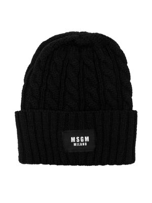 MSGM Kids logo-patch cable-knit beanie - Black