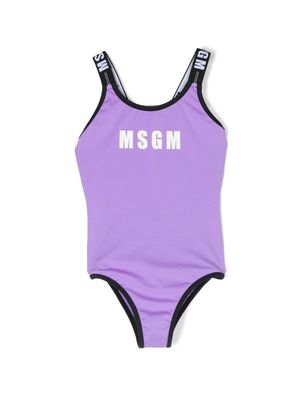 MSGM Kids logo-print strap swimsuit - Purple