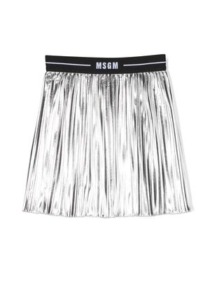 MSGM Kids logo-waistband metallic-finish pleated skirt - Silver