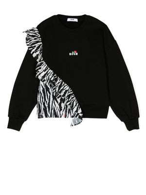 MSGM Kids zebra ruffle logo-print sweatshirt - Black