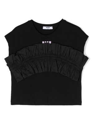 MSGM ruffle-trim logo-print T-shirt - Black