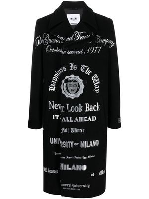 MSGM slogan-print long-sleeved double-breasted coat - Black