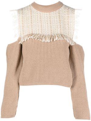 MSGM tweed-panel cold-shoulder wool blend jumper - Neutrals