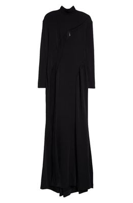 MUGLER Asymmetric Illusion Inset Long Sleeve Stretch Crepe Gown in Black/Black