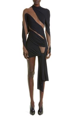 MUGLER Asymmetric Illusion Mesh Long Sleeve Jersey Minidress in Black Nude 1