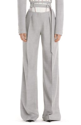 MUGLER Belted Cutout Virgin Wool Trousers in 8026 Grey Melange