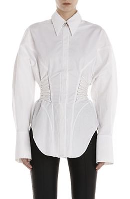 MUGLER Corset Waist Cotton Poplin Button-Up Shirt in Blanc Optique