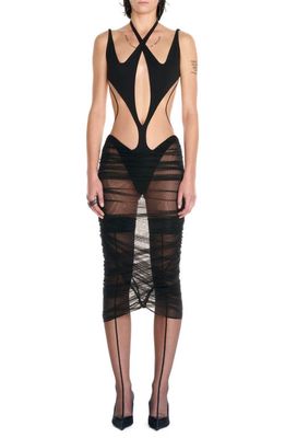 MUGLER Cutout Bodysuit Midi Dress in Black Nude 01