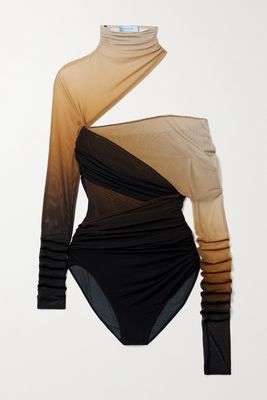 Mugler - Cutout Ruched Dégradé Stretch-tulle Bodysuit - Neutrals