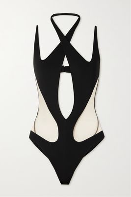 Mugler - Cutout Twist-front Stretch-jersey And Tulle Bodysuit - Black