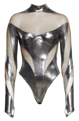 MUGLER Dua Lipa Metallic Illusion Bodysuit in Chrome Silver /Medium Beige