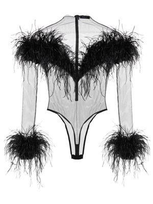 Mugler feather-trim mesh bodysuit - Black