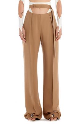 MUGLER Fluid Belted Cutout Trousers in Stone