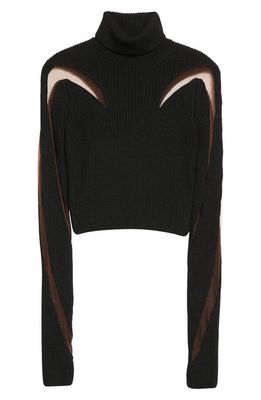 MUGLER Harmony Crop Illusion Panel Wool Blend Rib Sweater in Black/Tan