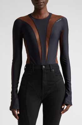 MUGLER Illusion Inset Long Sleeve Bodysuit in Black Nude 02