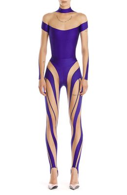 MUGLER Illusion Inset Long Sleeve Bodysuit in Ultraviolet /Beige 1