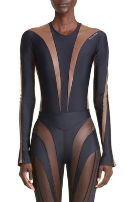MUGLER Illusion Long Sleeve Bodysuit in Black Nude 01