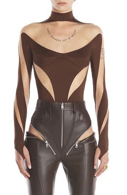 MUGLER Illusion Long Sleeve Bodysuit in Chocolate /Nude 1