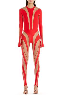 MUGLER Illusion Long Sleeve Bodysuit in Red /Nude 01