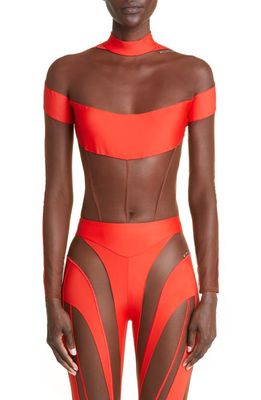 MUGLER Illusion Long Sleeve Bodysuit in Red /Nude 02