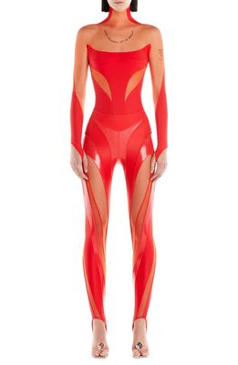 MUGLER Illusion Off the Shoulder Bodysuit in B3333 Red /Red