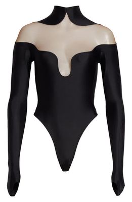 MUGLER Illusion Off the Shoulder Bodysuit in Black/Nude02
