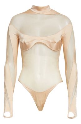 MUGLER Illusion Panel Long Sleeve Bodysuit in Powder /Light-Beige