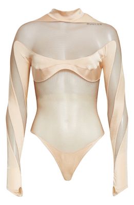MUGLER Illusion Panel Long Sleeve Bodysuit in Powder /warm-Brown