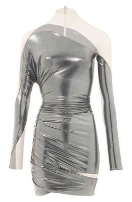 MUGLER Impossible Illusion Neckline Metallic Jersey Minidress in Chrome Silver /Nude 1