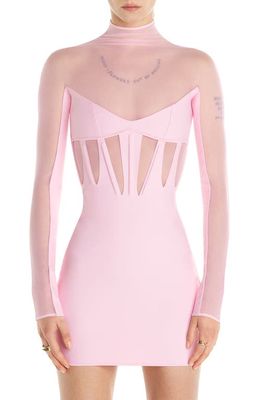MUGLER Long Sleeve Mesh Corset Dress in Pink