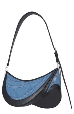 MUGLER Medium Spiral Denim & Leather Shoulder Bag in Medium Blue/Black