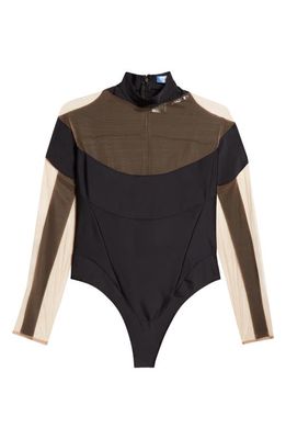 MUGLER Mock Neck Long Sleeve Jersey & Illusion Mesh Bodysuit in Black/Brown/Beige 01