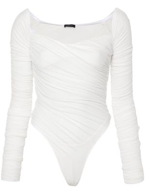Mugler off-shoulder ruched mesh bodysuit - White