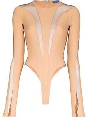 Mugler panelled long-sleeve sheer bodysuit - Neutrals