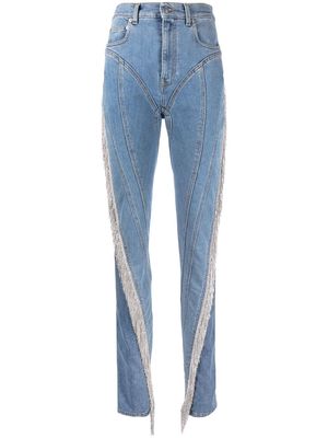 Mugler rhinestone fringe high-waisted tapered jeans - Blue