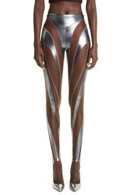 MUGLER Sheer Illusion Spiral Stirrup Leggings in Chrome Silver /Nude 2