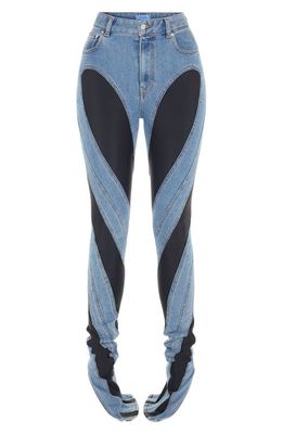 MUGLER Spiral High Waist Denim & Jersey Skinny Jeans in Medium Blue /Black