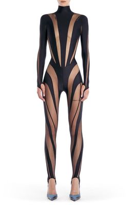 MUGLER Spiral Illusion Inset Catsuit in Black Nude 1