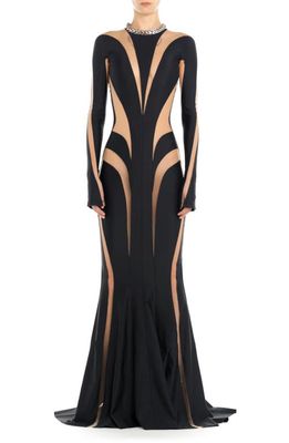 MUGLER Spiral Illusion Inset Long Sleeve Gown in Black Nude 01