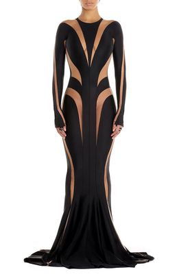 MUGLER Spiral Illusion Inset Long Sleeve Gown in Black Nude 02
