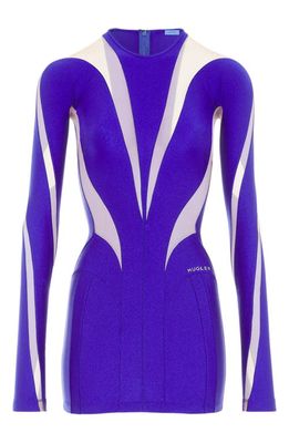 MUGLER Spiral Long Sleeve Cutout Illusion Panel Dress in Ultraviolet /Nude 1