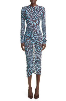 MUGLER Star Print Ruched Long Sleeve Mesh Dress in Star Cherry /Turquoise