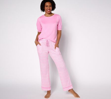 MUK LUKS Ribbed Knit Puff Sleeve and Straight Pant Pajama Set