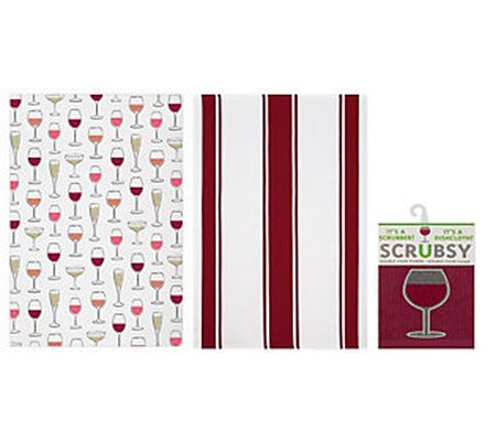 MUkitchen Designer Print Towel & Scrubsy 3pc Se t- Wine