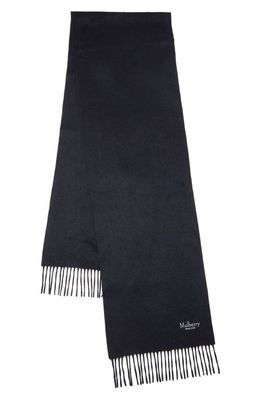 Mulberry Embroidered Logo Fringe Trim Cashmere Scarf in Black