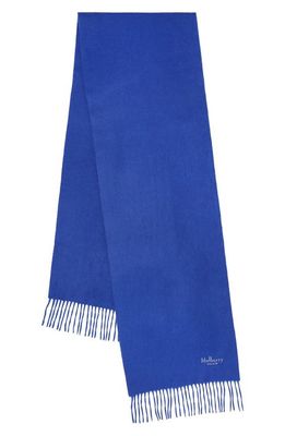 Mulberry Embroidered Logo Fringe Trim Cashmere Scarf in Sapphire
