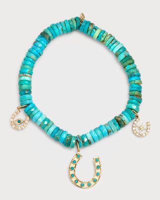 Multi Lucky Horseshoe Charm on Arizona Turquoise Faceted Wheel Bracelet